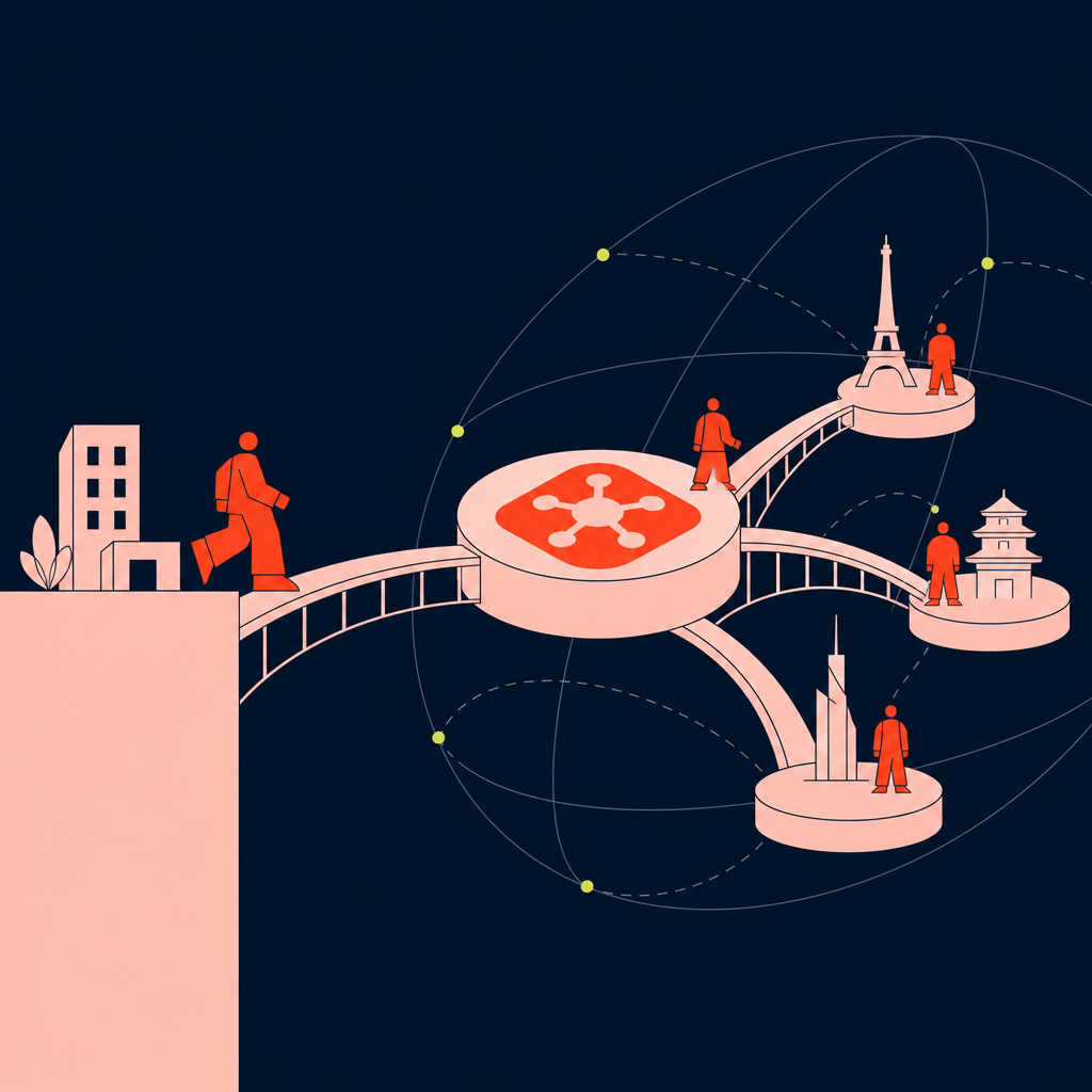 A conceptual illustration capturing the core idea of the section "How an EOR platform bridges entity-less global expansion" within an article about employer of record platform — depict the idea, not the literal words.