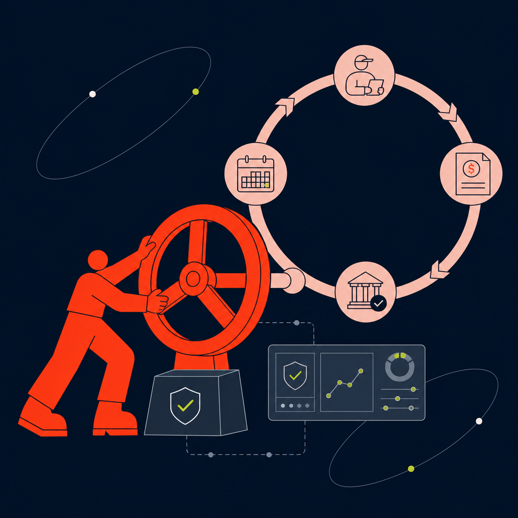 A conceptual illustration capturing the core idea of the section "Achieving total finance control over recurring contractor cycles" within an article about electronic payment systems — depict the idea, not the literal words.
