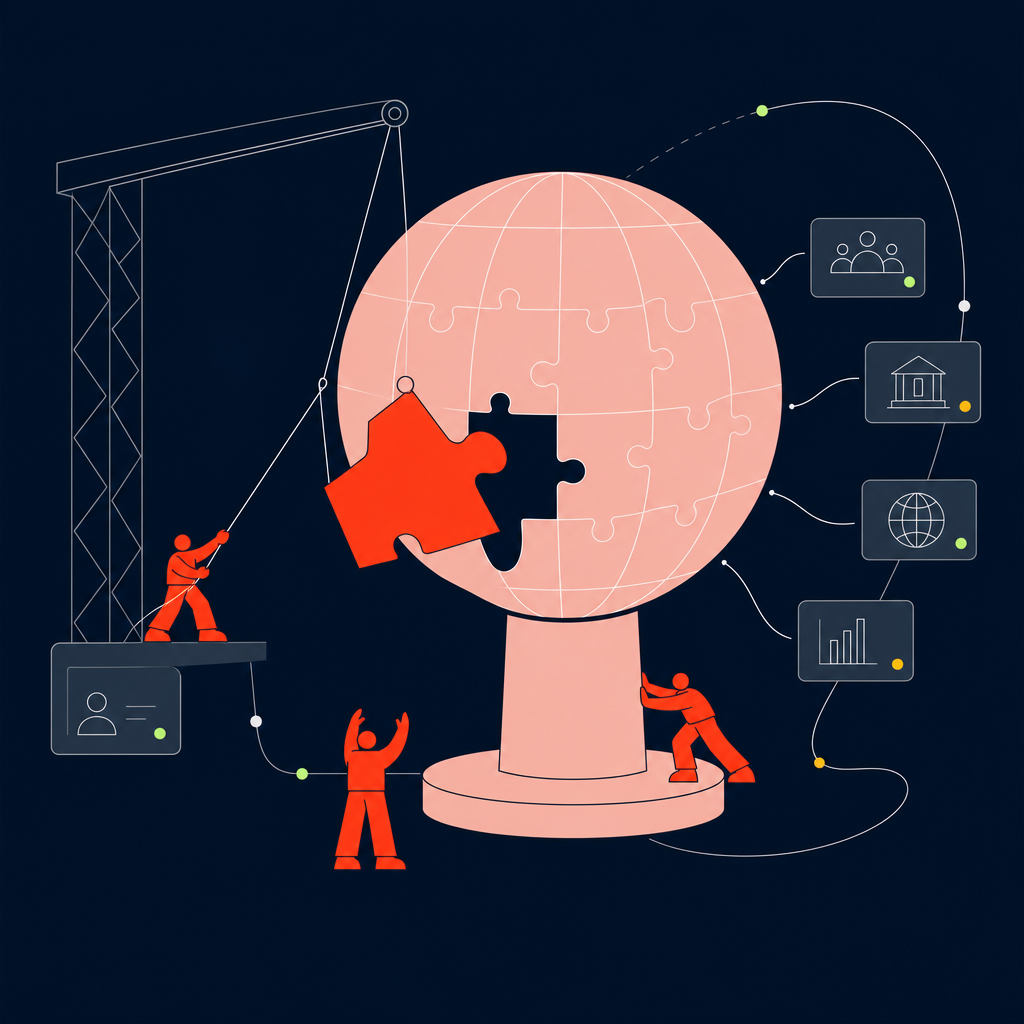 A conceptual illustration capturing the core idea of the section "Transitioning to a unified global payroll architecture" within an article about payroll integration meaning — depict the idea, not the literal words.