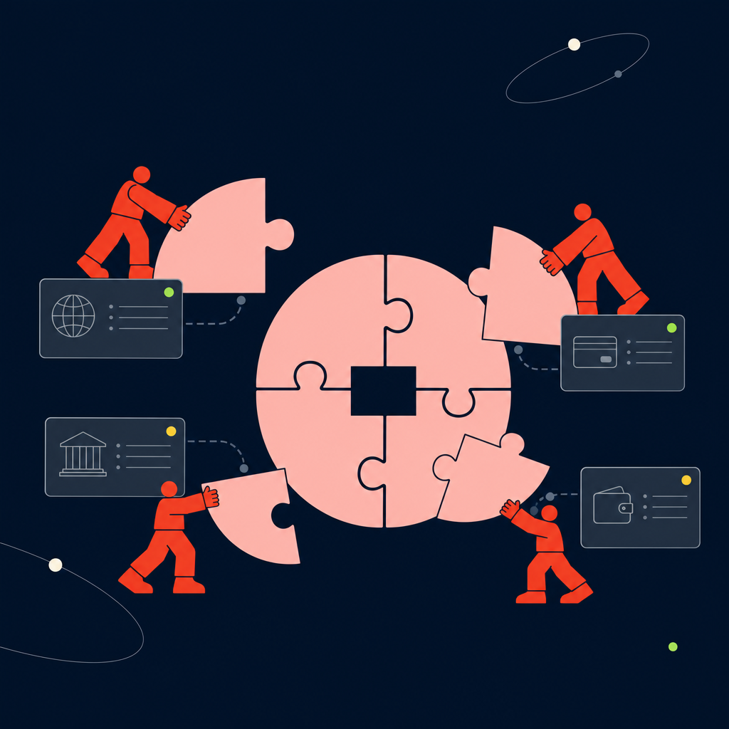 A conceptual illustration capturing the core idea of the section "The core building blocks of global payment matching" within an article about payment reconciliation process — depict the idea, not the literal words.