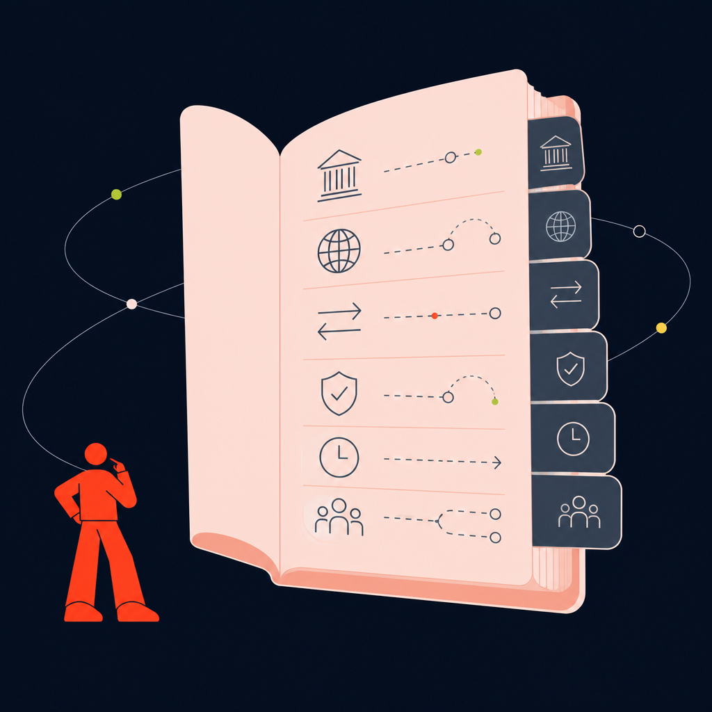 A conceptual illustration capturing the core idea of the section "Glossary of core cross-border payment terms" within an article about what are cross border payments — depict the idea, not the literal words.