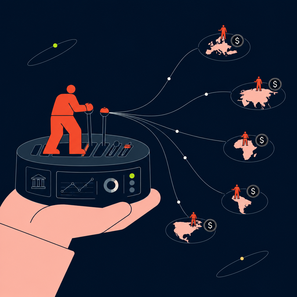 A conceptual illustration capturing the core idea of the section "Achieving true Finance control over multi-country contractor payouts" within an article about corporate payment solutions — depict the idea, not the literal words.