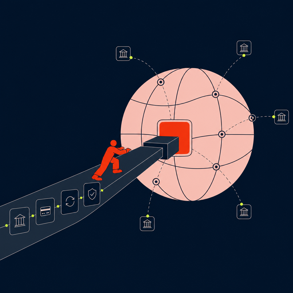 A conceptual illustration capturing the core idea of the section "Building a scalable international payment architecture" within an article about cross border payment processing — depict the idea, not the literal words.